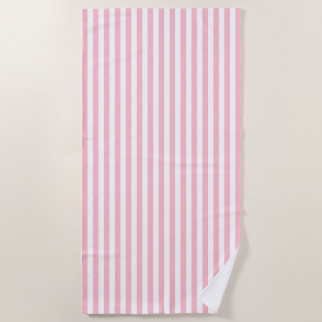 Pink and White Medium Size Vertical Stripes Beach Towel (Front)