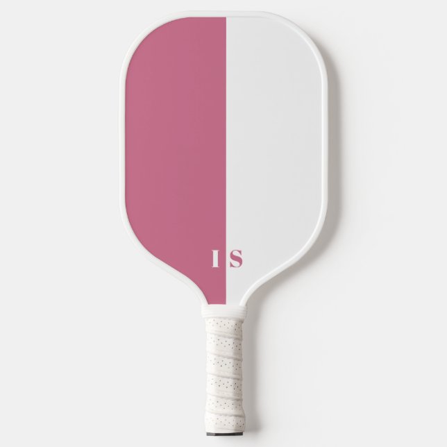 Pink and White Modern Stripe Monogram Pickleball Paddle (Front)