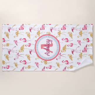 Pink and White, Monogram, Flamingo pattern. Beach Towel