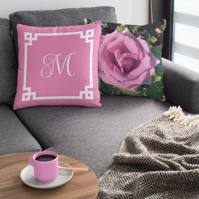 Pink and White Monogram Greek Key Border Photo Throw Pillow (Your monogram on the front of this pillow... your photo on back.)
