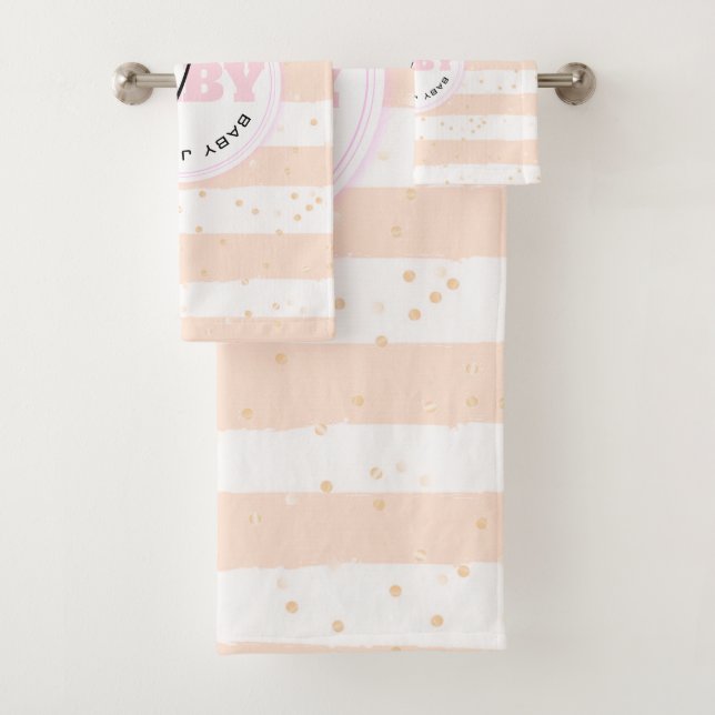 Pink and White Monogrammed Baby Stripes Bath Towel Set (Insitu)