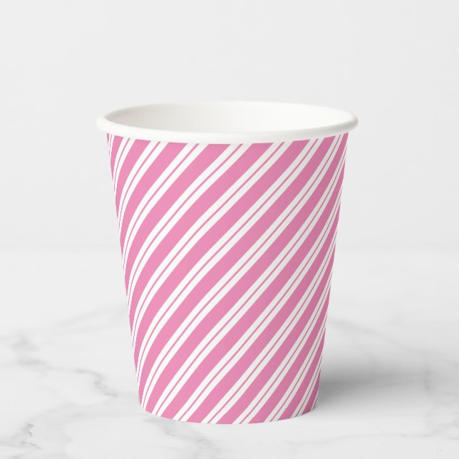 Pink and White Multiple-Width Diagonal Stripes Paper Cups (Front)