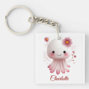 Pink and White Octtopus Character with Custom Name Keychain