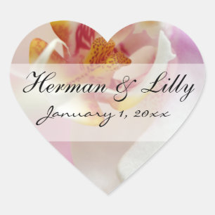 Pink and White Orchid Personalized Wedding Heart Sticker