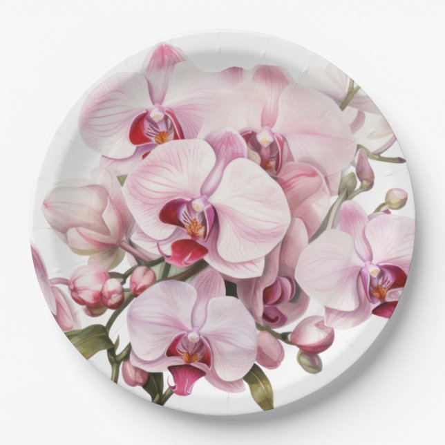 Pink and White Orchids Wedding Paper Plate (Front)