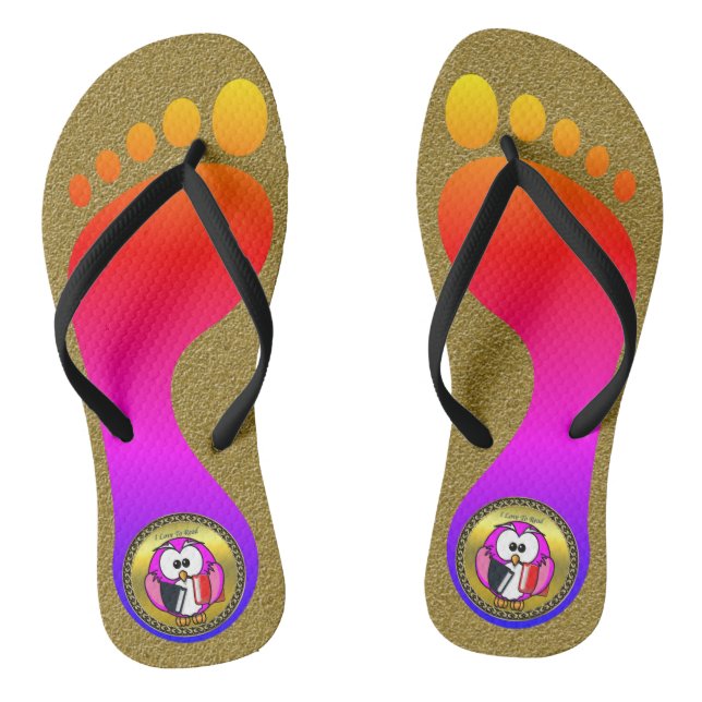 Pink and white owl holding school books and gold flip flops (Footbed)