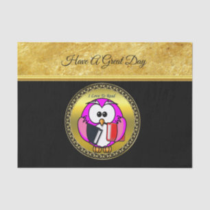 Pink and white owl holding school books to read tissue paper