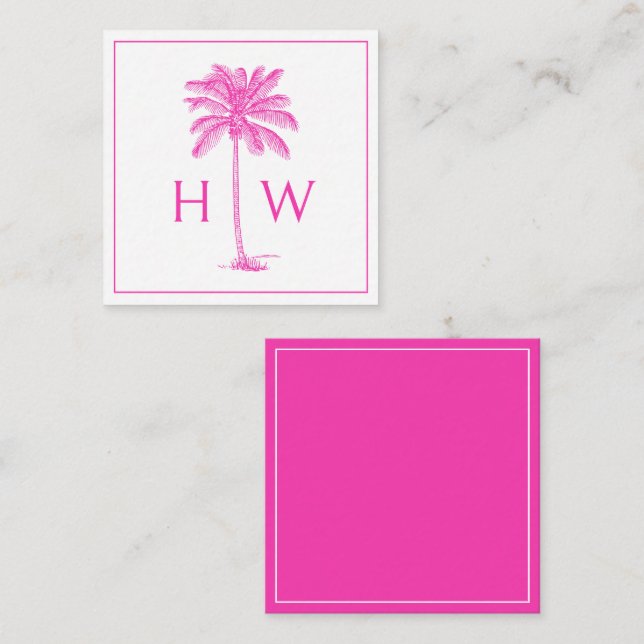 Pink and White Palm Palmetto Tree Monogram Card (Front/Back)