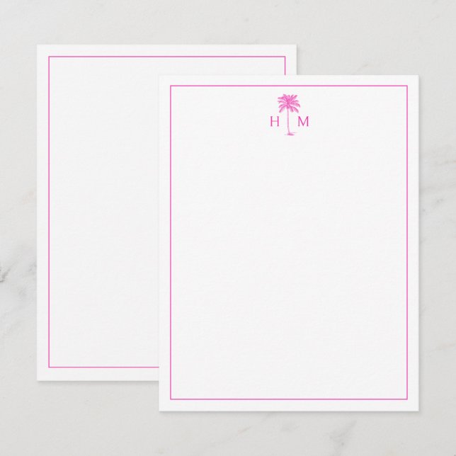 Pink and White Palm Palmetto Tree Monogram Card (Front/Back)