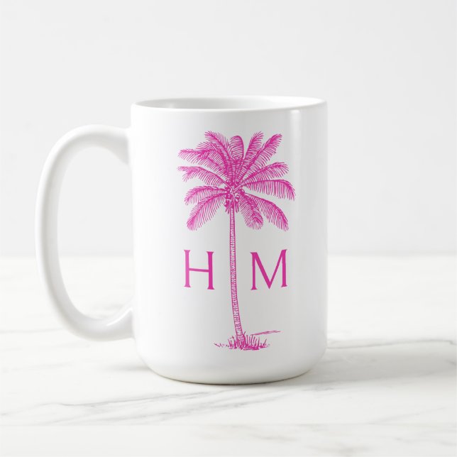  Pink and White Palm Palmetto Tree Monogram Coffee Mug (Left)
