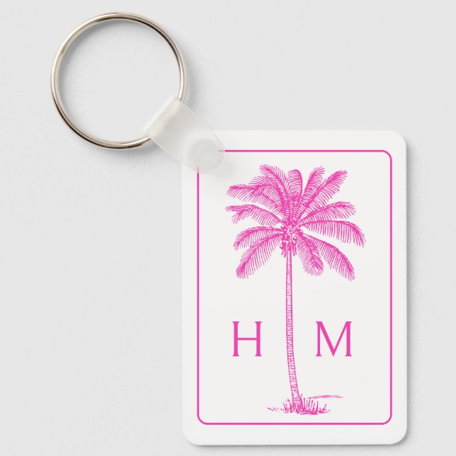 Pink and White Palm Palmetto Tree Monogram Keychain (Front)