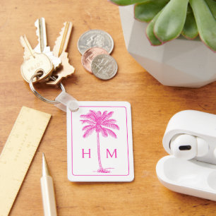 Pink and White Palm Palmetto Tree Monogram Keychain