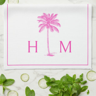 PInk and White Palm Palmetto Tree Monogram Kitchen Towel