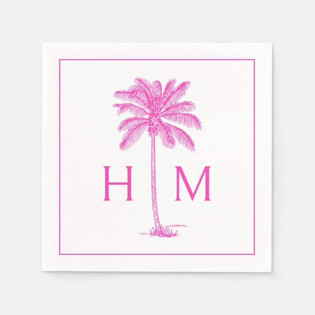 Pink and White Palm Palmetto Tree Monogram Napkin (Front)