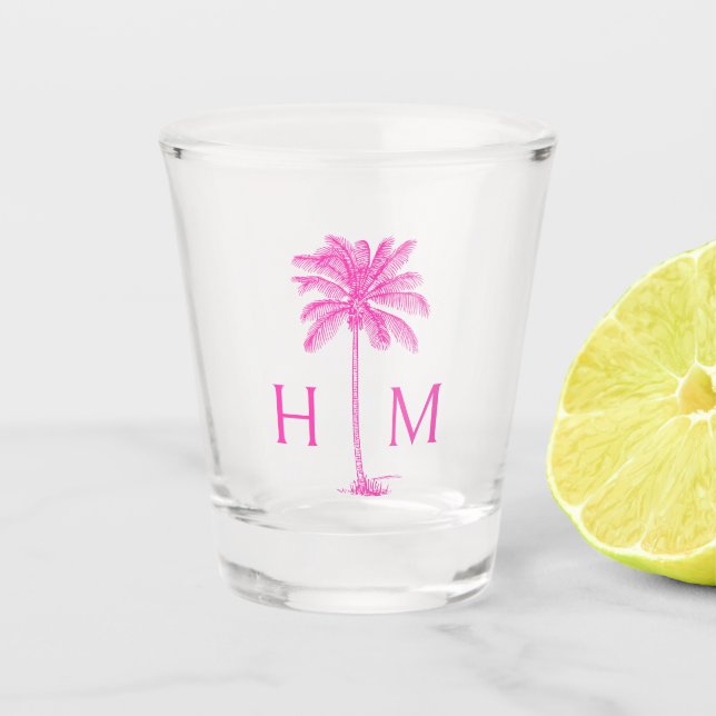 Pink and White Palm Palmetto Tree Monogram Shot Glass (Front)