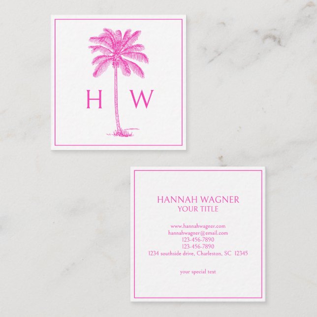 Pink and White Palm Palmetto Tree Monogram Square Business Card (Front/Back)