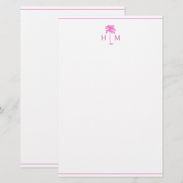 Pink and White Palm Palmetto Tree Monogram Stationery (Front/Back)