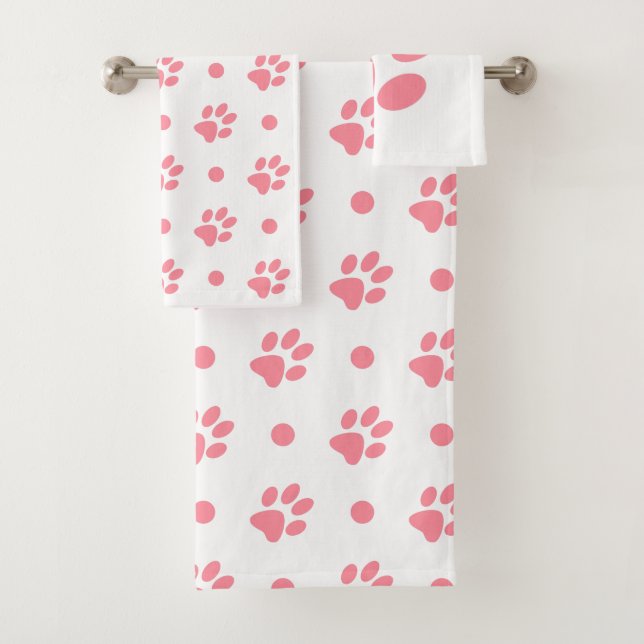 Pink and White Paw Prints and Polka Dots Bath Towel Set (Insitu)