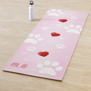 Pink and White Paws with Red Hearts Yoga Mat