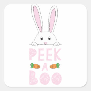 Pink and White Peeking Easter Bunny Peek-A-Boo Square Sticker