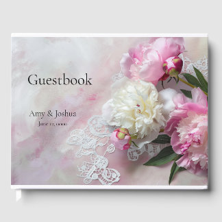Pink and white peonies on lace Guest Book
