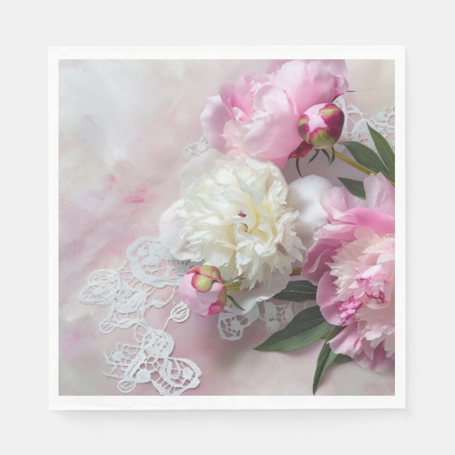 Pink and white peonies on lace napkin (Front)