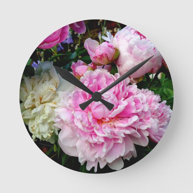 Pink and White Peonies Round Clock (Front)