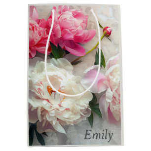 Pink and white peonies with lace background medium gift bag