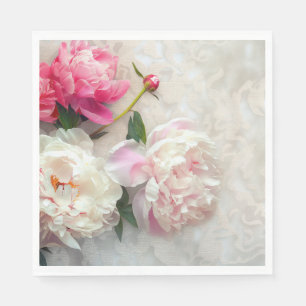 Pink and white peonies with lace background napkin