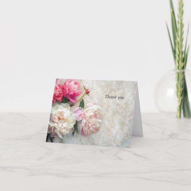 Pink and white peonies with lace background note card (Front)