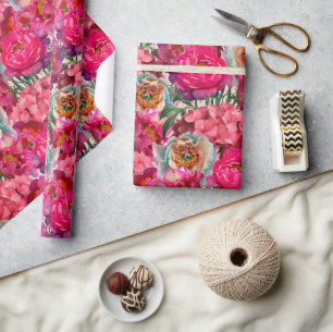 Pink and White Peony and Hydrangea Flowers Wrapping Paper