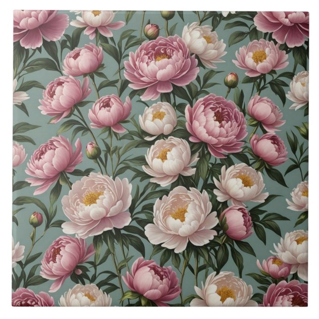 Pink and white Peony flowers Tile (Front)