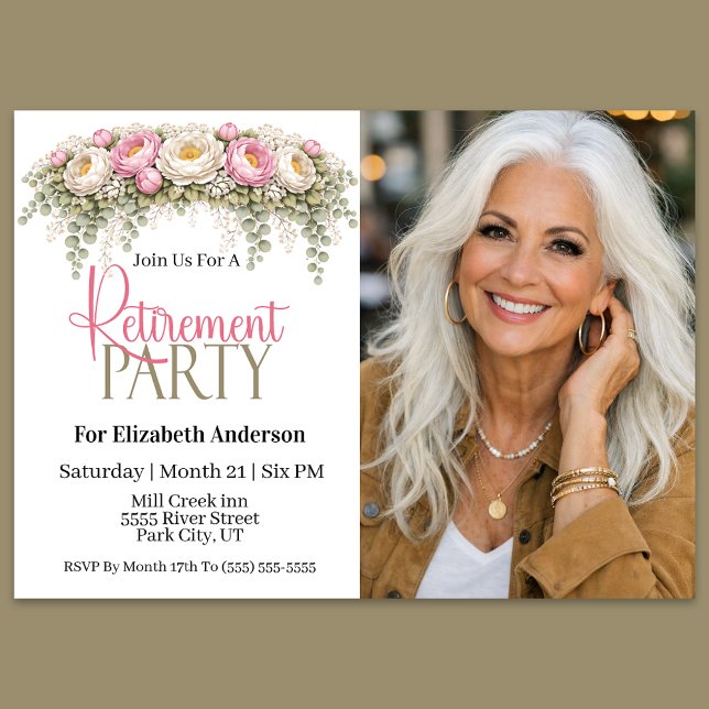 Pink and White Peony Retirement Party Invitation (Elegant pink and white floral retirement party invitation)