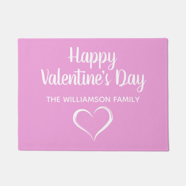 Pink and White Personalized Happy Valentines Day Doormat (Front)
