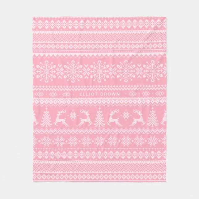 Pink And White Personalized Name Christmas Sweater Fleece Blanket (Front)