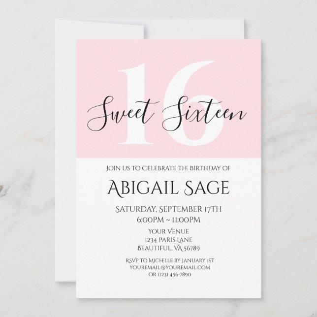 Pink and White Personalized Photo Sweet Sixteen Invitation (Front)