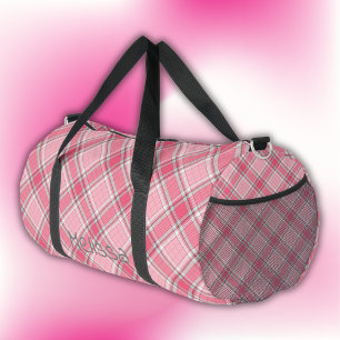 Pink and White Plaid Name Monogram   Duffle Bag