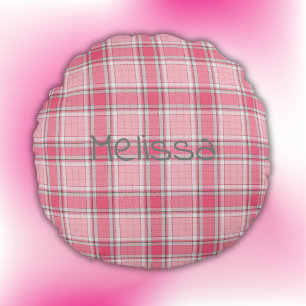 Pink and White Plaid Name Monogram   Round Pillow