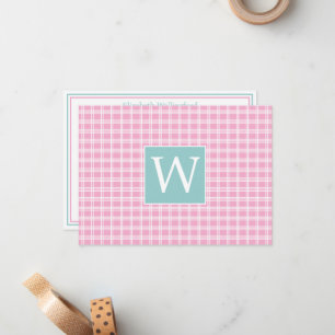 Pink and White Plaid With Teal Turquoise Monogram Card