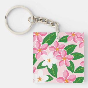 Pink and White Plumeria Floral Pattern Keychain
