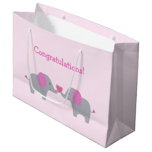 Pink and White Polka Dot Elephant Baby Shower Large Gift Bag