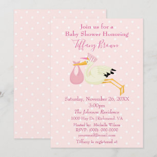 Pink and White Polka Dot Stork Baby Shower Invitation