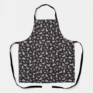 Pink and white poodles black background apron