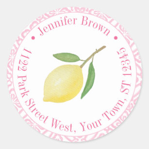 Pink And White Positano Lemon Return Address Classic Round Sticker