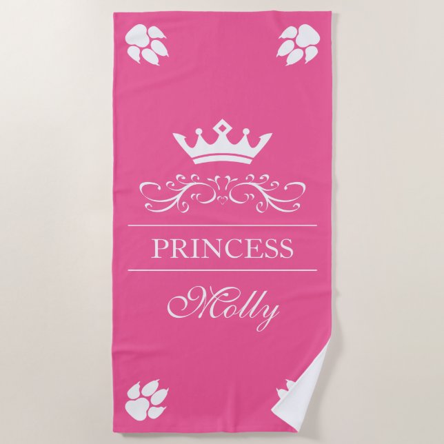 Pink And White Princess Crown & Dog Paws With Name Beach Towel (Front)