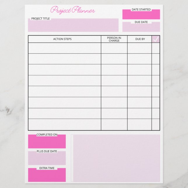 Pink And White Project Planner Sheet (Front)