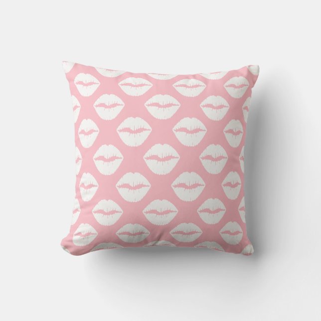 Pink and White Puckered Lips Throw Pillow (Front)