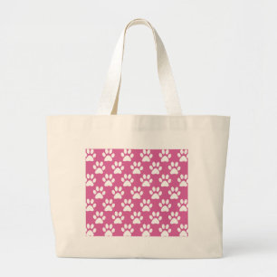 Pink and white puppy paws pattern large tote bag