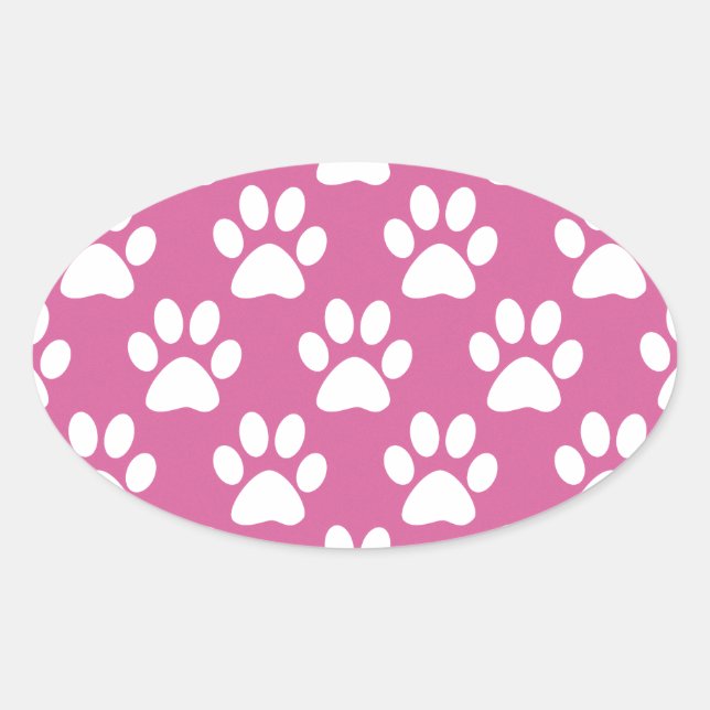 Pink and white puppy paws pattern oval sticker (Front)