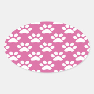 Pink and white puppy paws pattern oval sticker